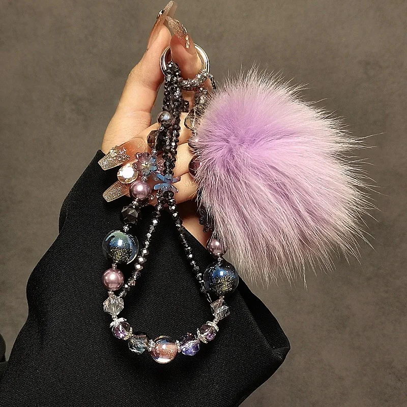 

Luxurious Starry Sky Crystal Mobile Phone Chain with Fox Fur Ball Pendant High-End Autumn Winter Style Fashionable Lanyard