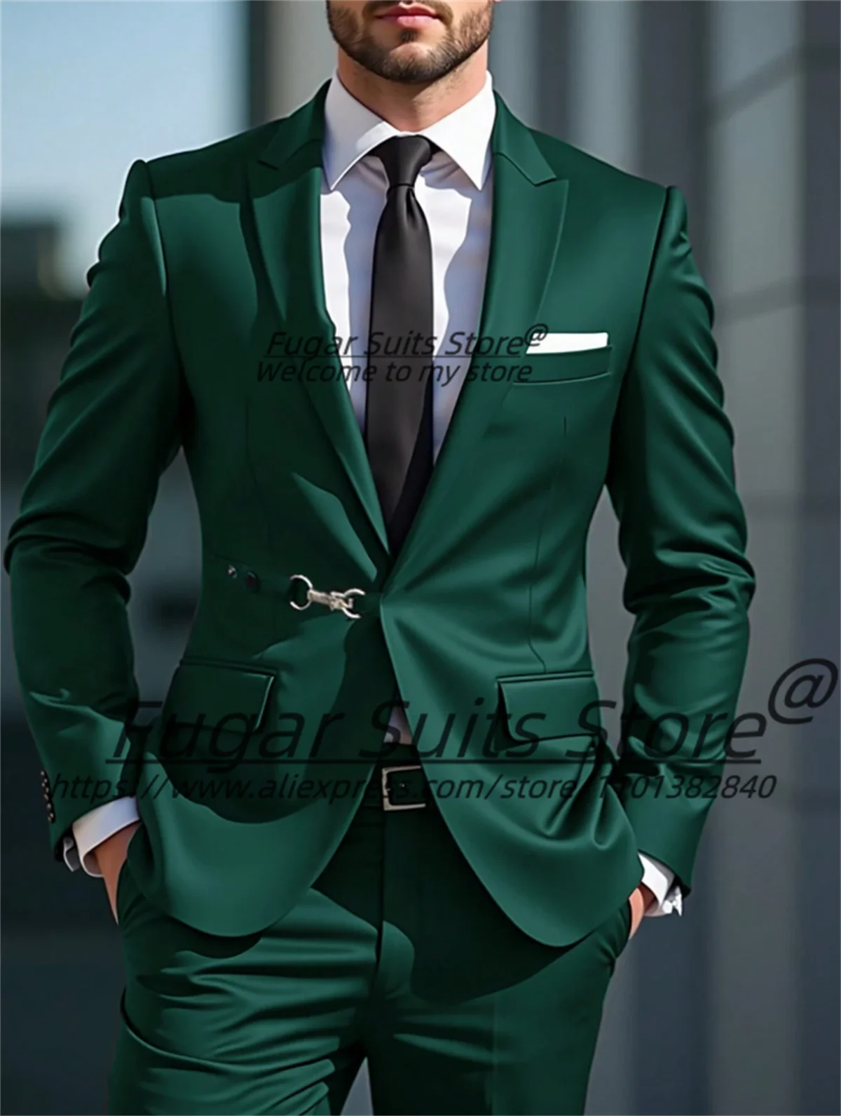 American style Fashion Green Men Suits Slim Fit Peak Lapel Groom Formal Tuxedos 2 Pcs Sets High-qublity Male Blazers Ropa Hombre