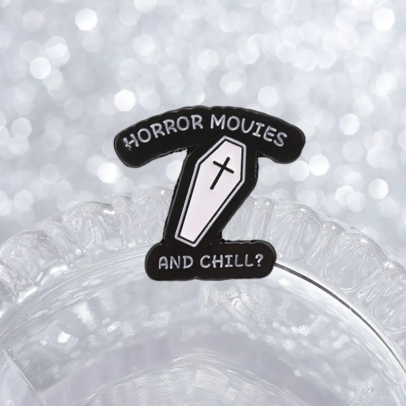 Horror Movies And Chill Coffin Enamel Pin Gothic Horror Punk Cross Coffin Alloy Brooches Halloween Jewelry Gift Bag Lapel Badges