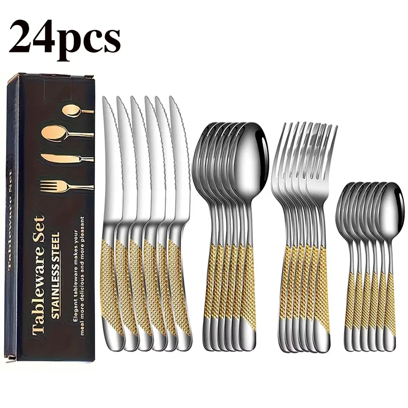 24pcs stainless steel tableware set, including knife, fork, spoon, coffee spoon, gift box and good gifts.