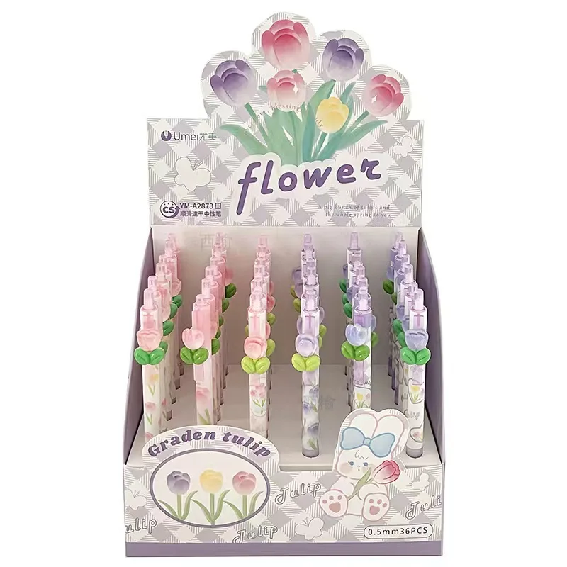 6Pcs/Set Acrylic tulip flower 0.5mm Mechanial Gel Ink Pens Cute Stationery Neutral Pen School Writing Supplies Stationary gift