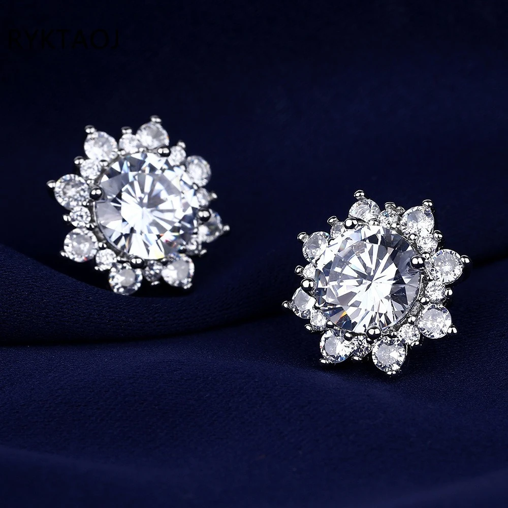 925 Sterling Silver Sunburst Halo Stud Earrings Women Round Cubic Zirconia Snowflake Sparkling Bridal Wedding Ear Jewelry Gift