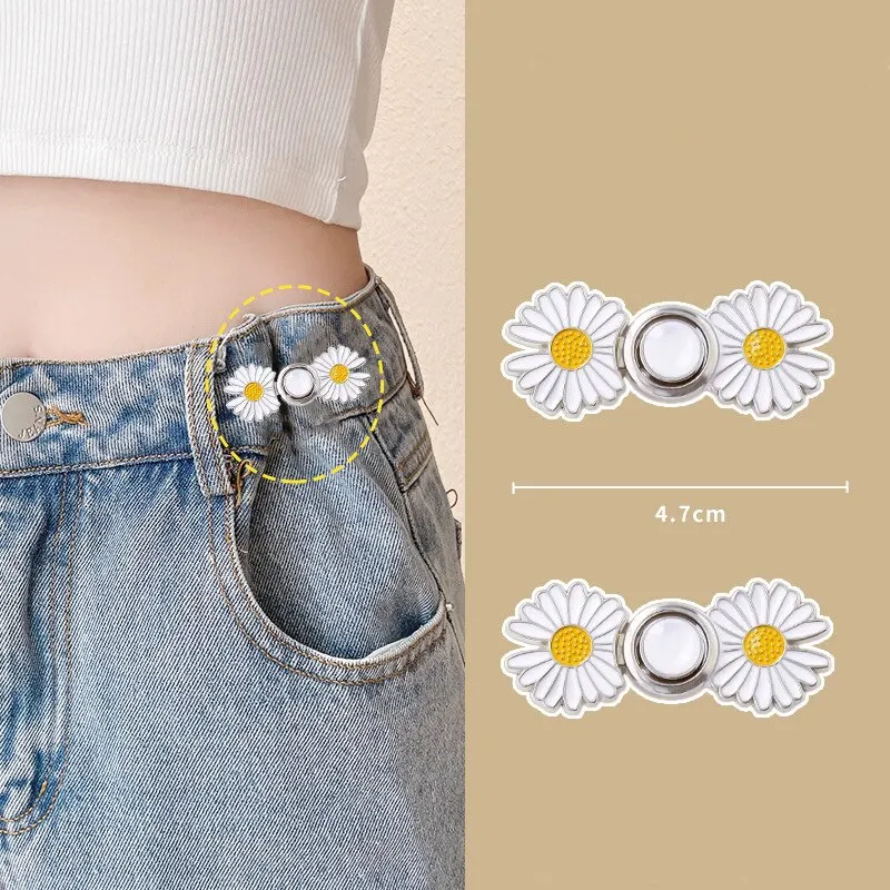 2 Pcs Daisy Flowers Pants Brooches Buckle Pins Tighten Waist Waist Clip Adjustable Snap Detachable Button For Pants Jeans