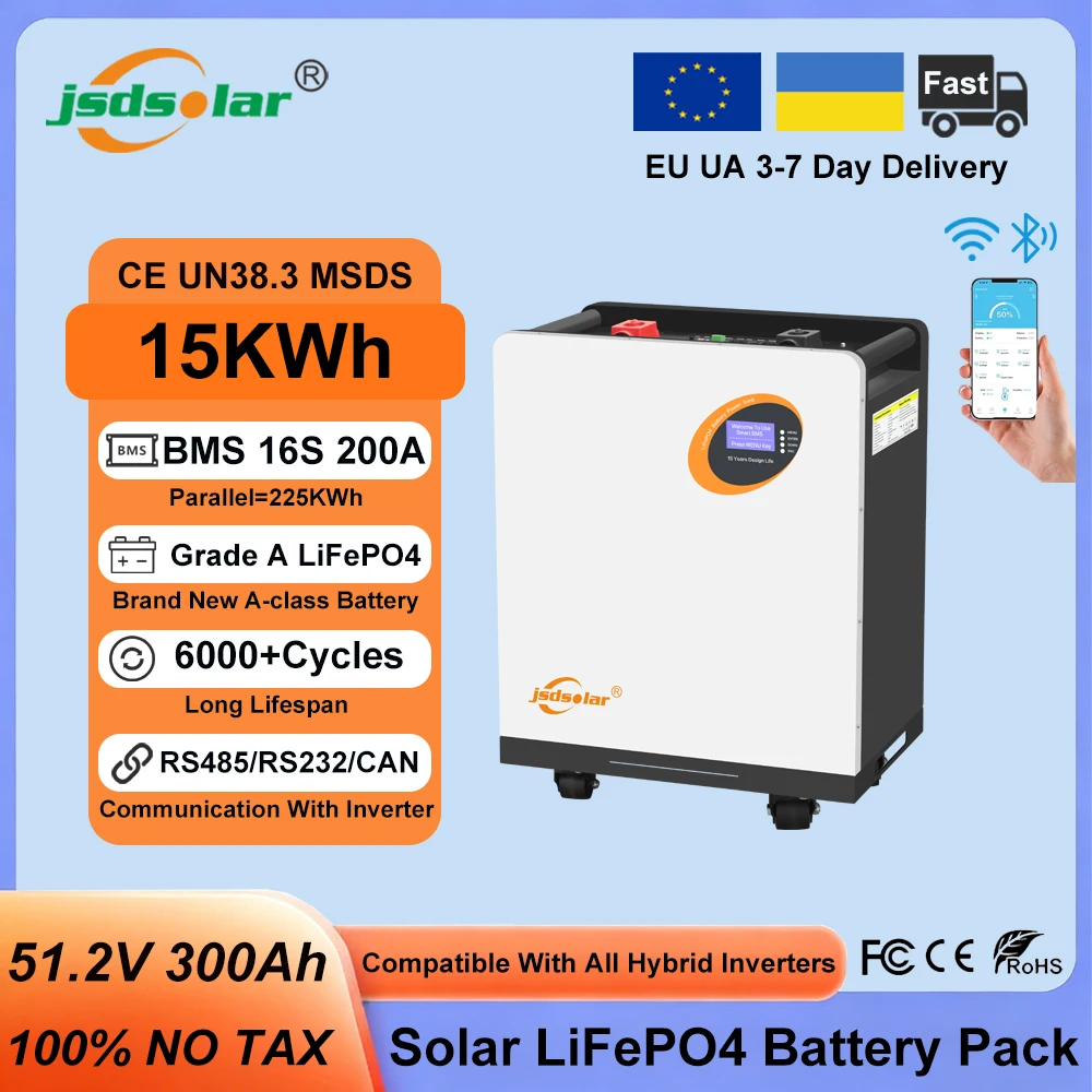 Jsdsolar 51.2V 300Ah LiFePO4 Battery 16S 200A BMS 15KWh Grade A Movable Lithium Iron Phosphate Battery With Bluetooth WiFi CAN RS232 RS485 Supports Parallel 6000 Cycles Solar Lithium Battery For Home Energy Storagey