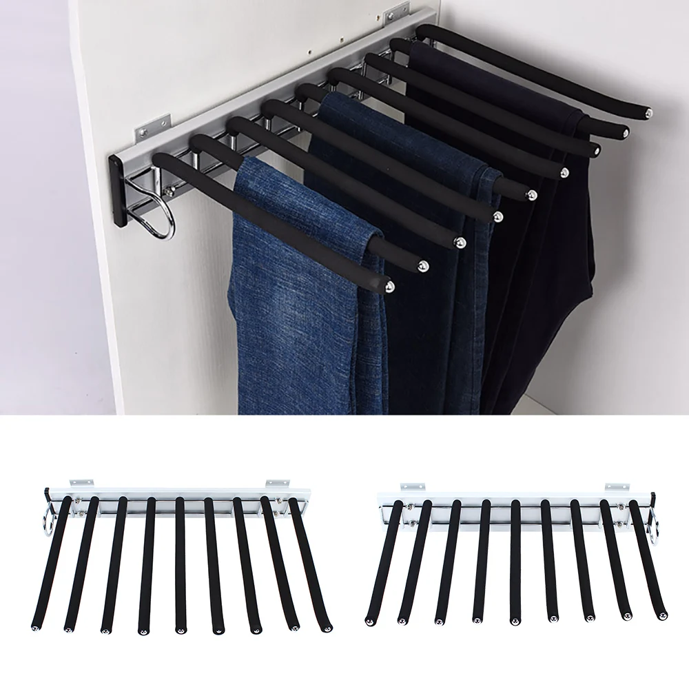 Pull Out Wardrobe Trouser Rack, 9 Scarf Holder Hanger Rail, Extendable Trousers Hanger, Suitable for Wardrobe Depth 48 cm