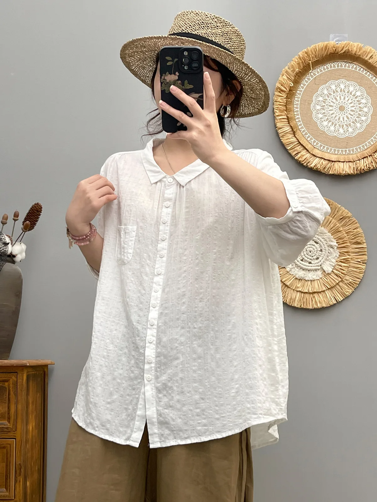 2025 Clean Color Pocket Small Pointed Collar Cotton Yarn Trouser Sleeve Shirt for Women in Summer New Loose Slim Top
