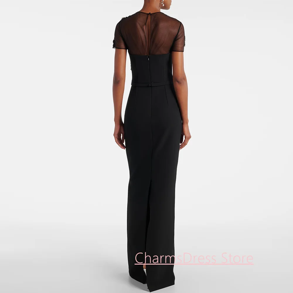 Short Sleeves Black Evening Dress Customized Round Neck Beading Crystal Floor Length Mermaid Party Gown Formal Prom Dresses