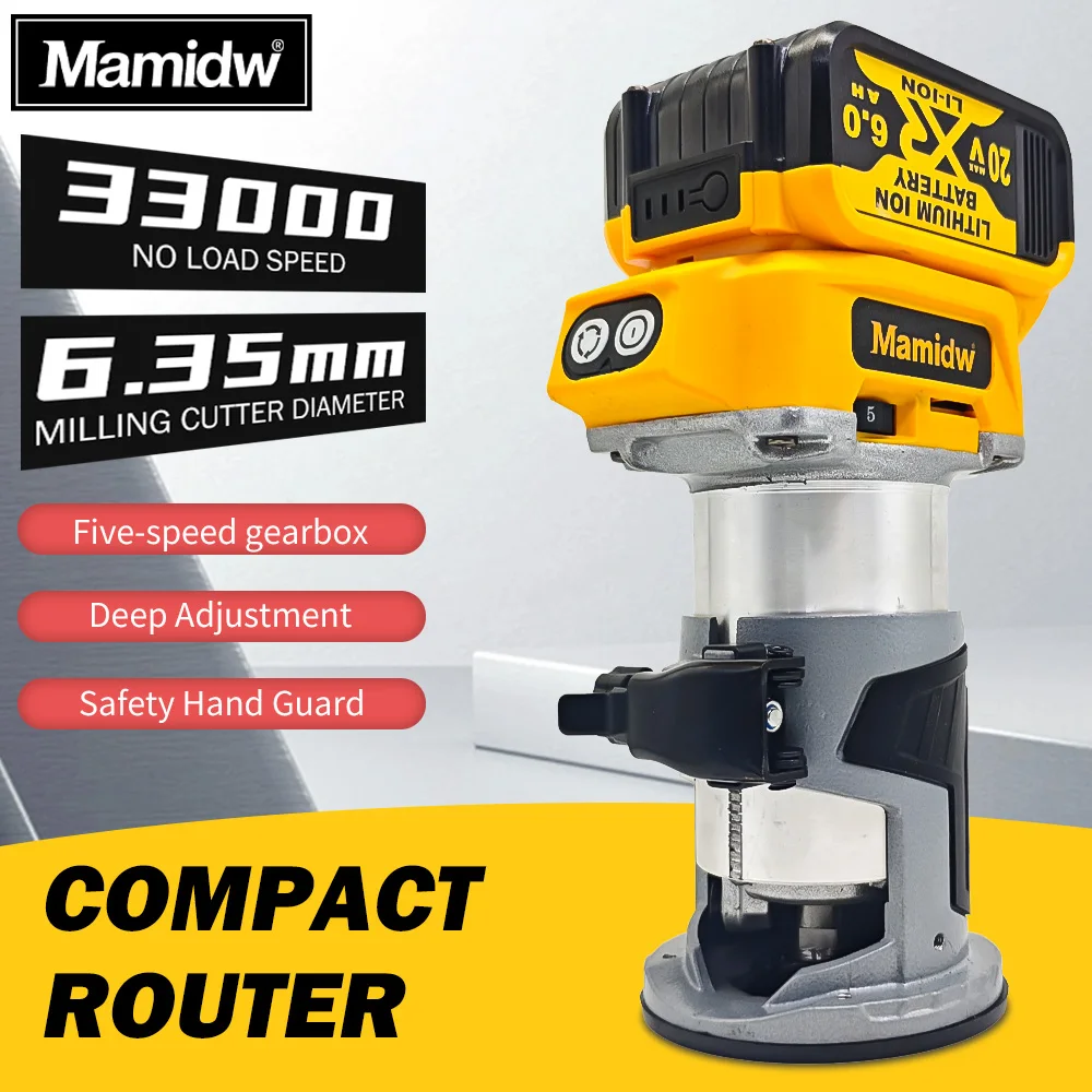 Bezprzewodowa, kompaktowa frezarka kompatybilna z akumulatorem DeWalt 20V (tylko narzędzie), frezarka do obróbki drewna z 6 regulowanymi prędkościami, frezarka trzpieniowa do drewna z mocowaną