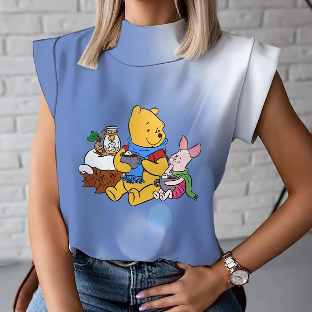 2023 Winnie the Pooh Animation Summer Fashion New Casual Versatile Cute Female Harajuku Street High Neck T-Shirt Vest y2k