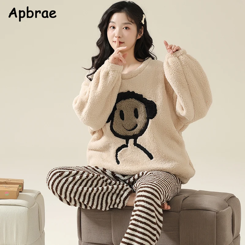 Winter New Flannel Soft Warm Women\'s Pajamas Round Neck Long Sleeve Women Two Piece Set Pijamas Cartoon Pajama Sets