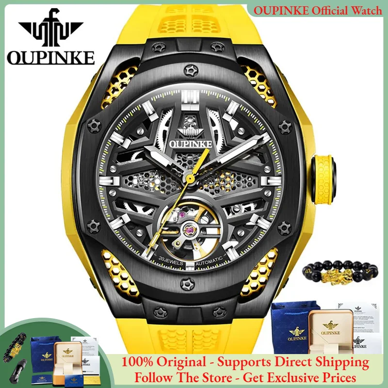 OUPINKE Hollow Out Automatic Mechanical Watch for Men Silicone Tape Sapphire Mirror 50ATM Waterproof Fashion Trend Men's Watches