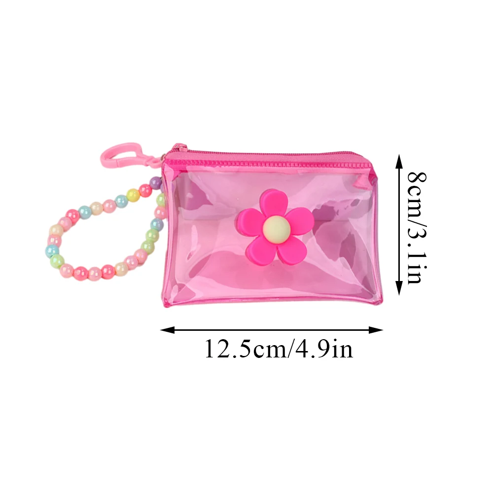 Portafoglio trasparente Porta carte cosmetiche da donna Cerniera portatile in PVC con catena di perline colorate Portafoglio multifunzione con fiore