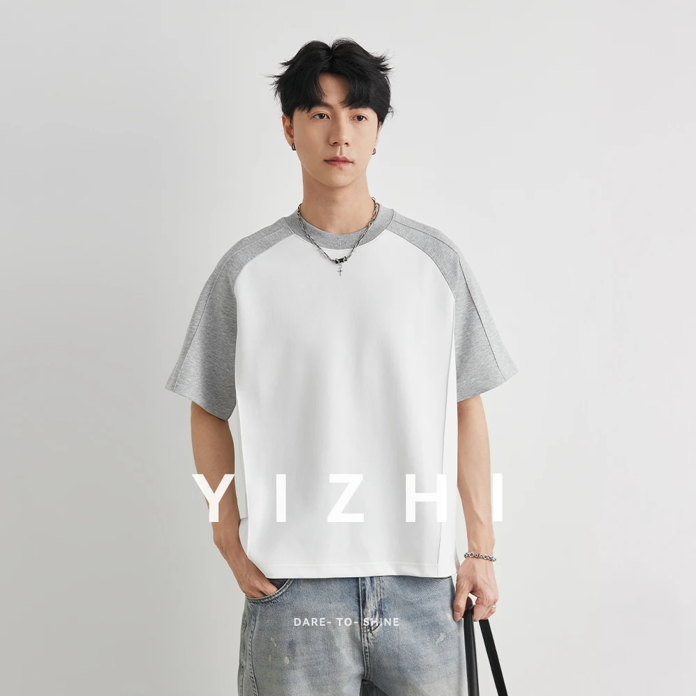 Men's Color Block Raglan Sleeve T-Shirt 2026 Summer Textured Loose Casual Versatile City Boy Style Top