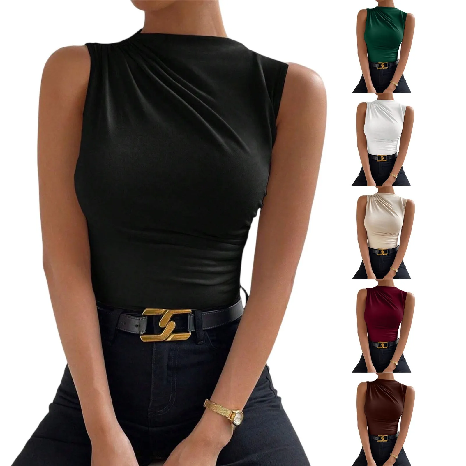 

Elegant Solid Color Commuted Sleeveless Tight Tops For Women Fashion Casual Mock High Neck Ruched Sexy Clothing