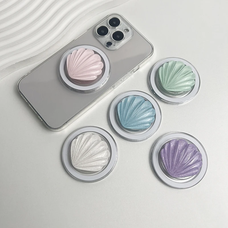 

Cute Resin Shiny Shell Socket Phone Holder Floral Grip For Magsafe IPhone Mac Samsung Safe Ring Finger Expanding Stand