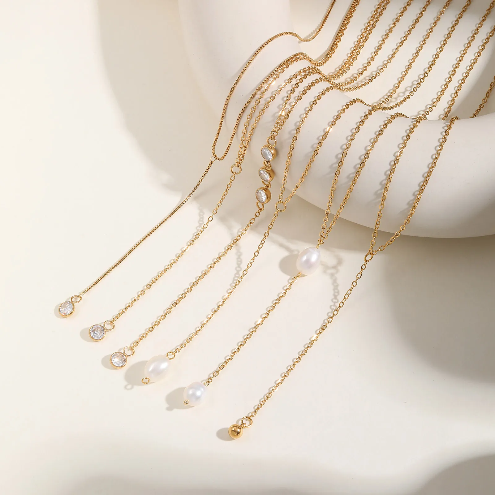 Stainless Steel Y Shape Pearl and Cubic Zirconia Pendant Neckalace For Women, Minimalist Personal Gold Plated Jewelry