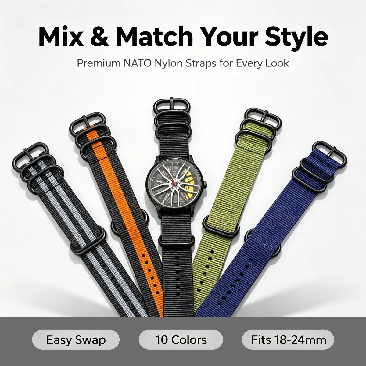 Premium NATO Nylon Watch Strap 18mm 20mm 22mm 24mm Watch Band with Black Metal Buckle, Breathable Sport Wristband for Men Women