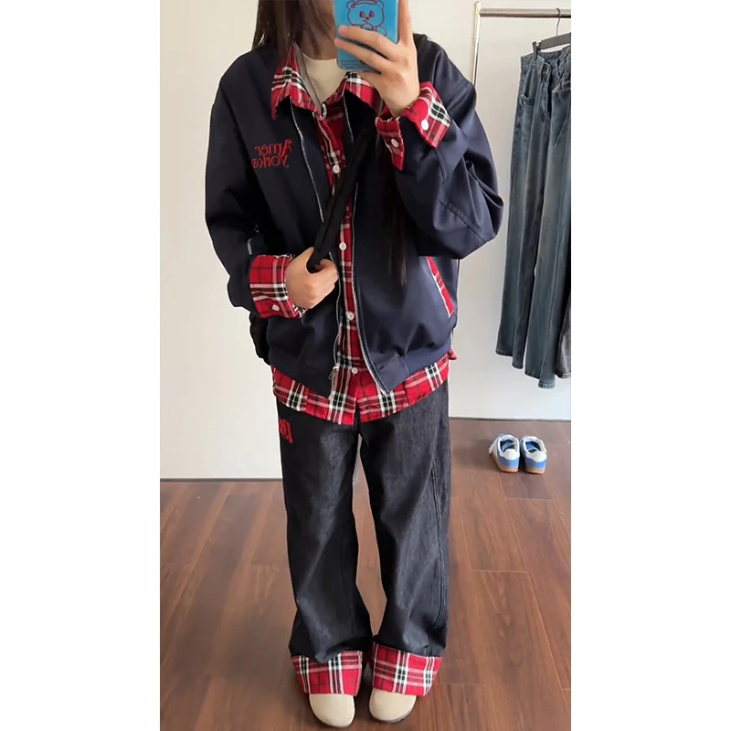 

Модная мужская куртка-пилот с вышивкой в клетку, весна-осень, в американском университетском стиле, с комбинированными вставками, свободный крой