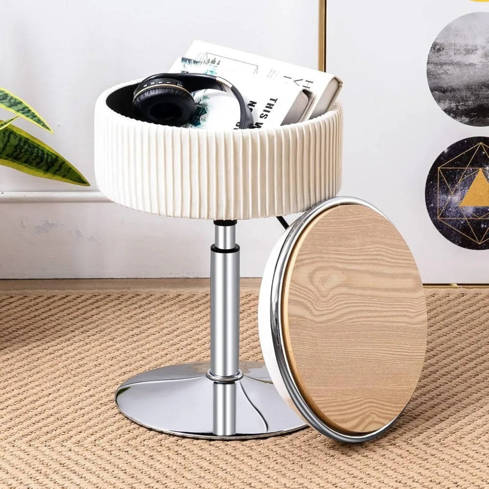 Round Storage Vanity Stool, 360°Swivel Height Adjustable Stool Chair, Beige Vanity Stool Chair for Makeup Room