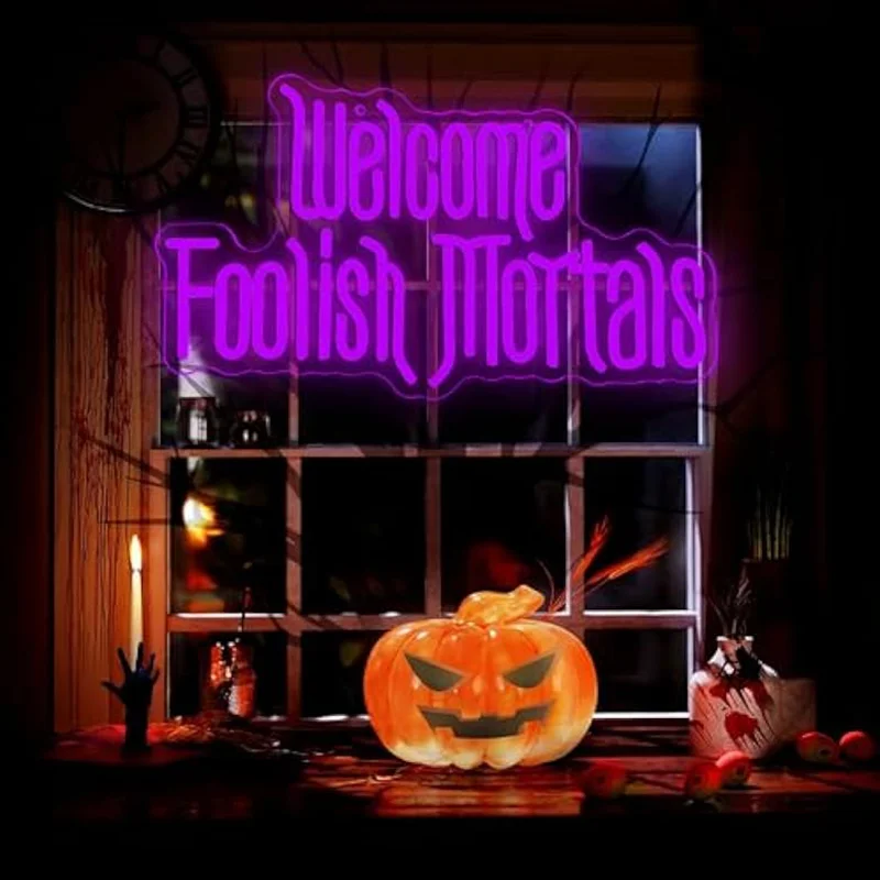 

Welcome Foolish Mortals Neon Sign USB Dimmable Spooky Gothic Wall Decor for Party Haunted House Man Cave Birthday Christmas Gift