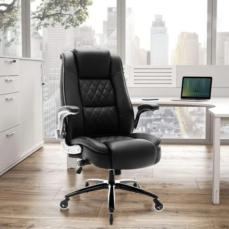 Flip Arms Adjustable Built-in Lumbar Support, Executive Computer Desk Chair Work Chairs, Thick Padded