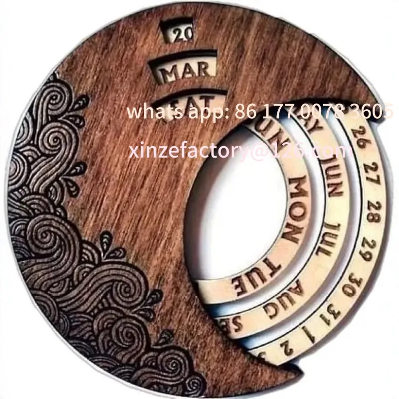 تقويم دائم خشبي قابل للتخصيص، تقويم جداري دوار دائري، زخرفة مصنوعة من خشب الزيزفون