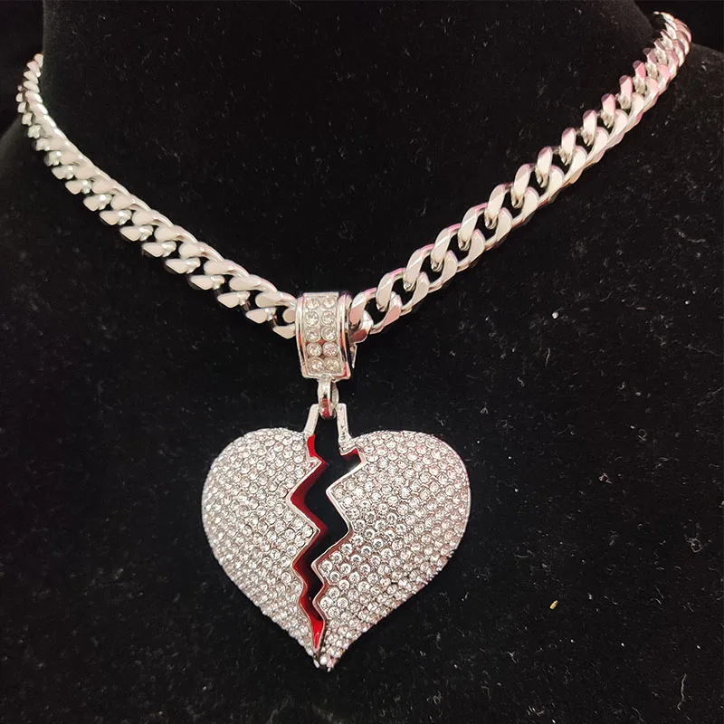 Men Hip Hop Heart Broke Iced Out Bling Pendant Necklace 7mm Width 316L Stainless Steel Chain Necklaces Hiphop Fashion Jewelry