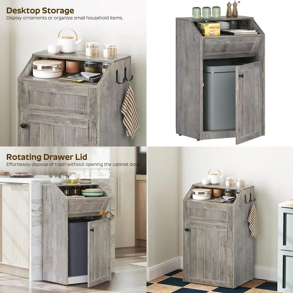 

10 Gallon Freestanding Wooden Recycling Bin with Flip Door, Concealed Kitchen Trash Can for Kitchen and Laundry