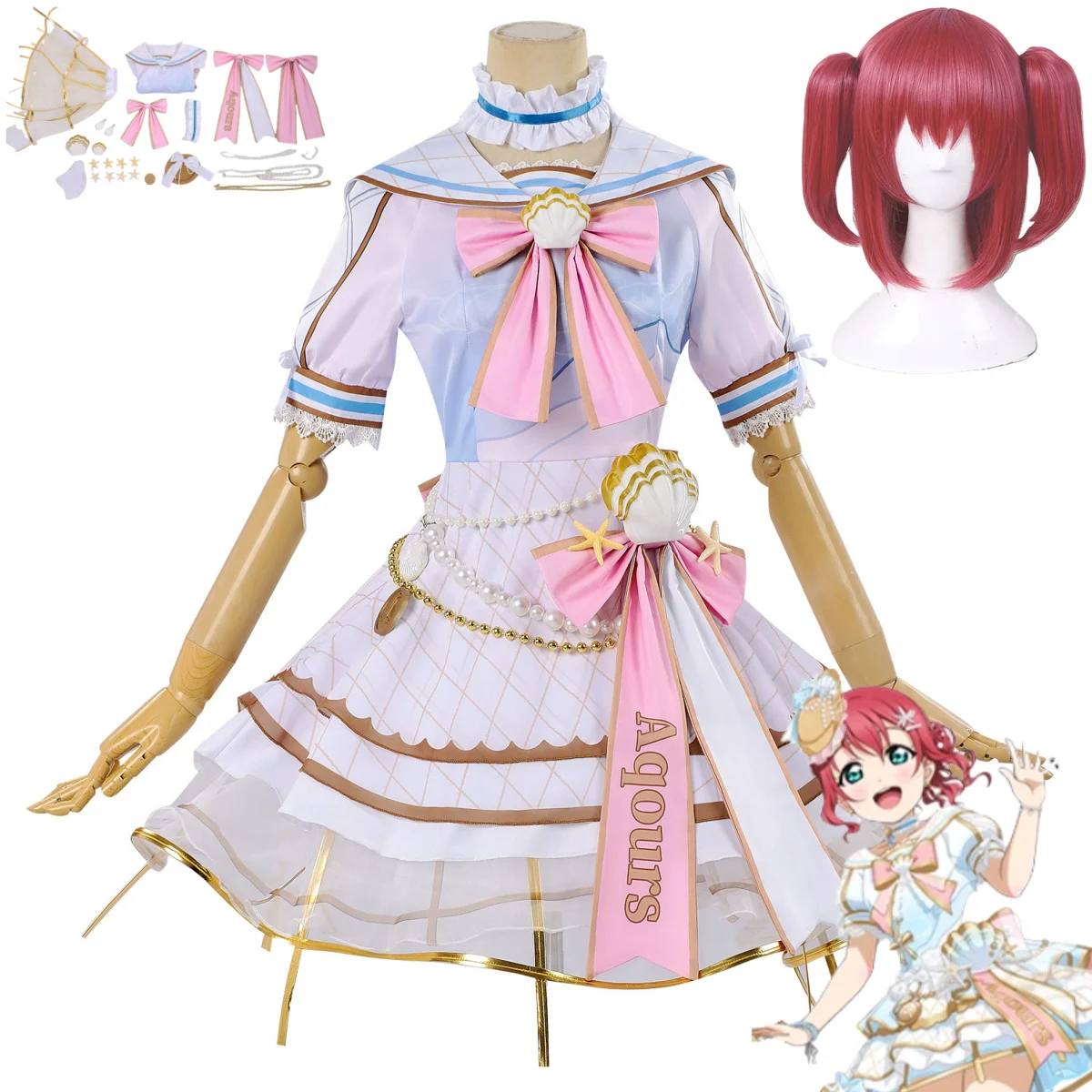 

Аниме LoveLive! Sunshine Aqours Ruby Kurosawa Косплей Костюм Розовый Ракушка Лолита Платье Парик Женский Милый Костюм Для Дня Рождения