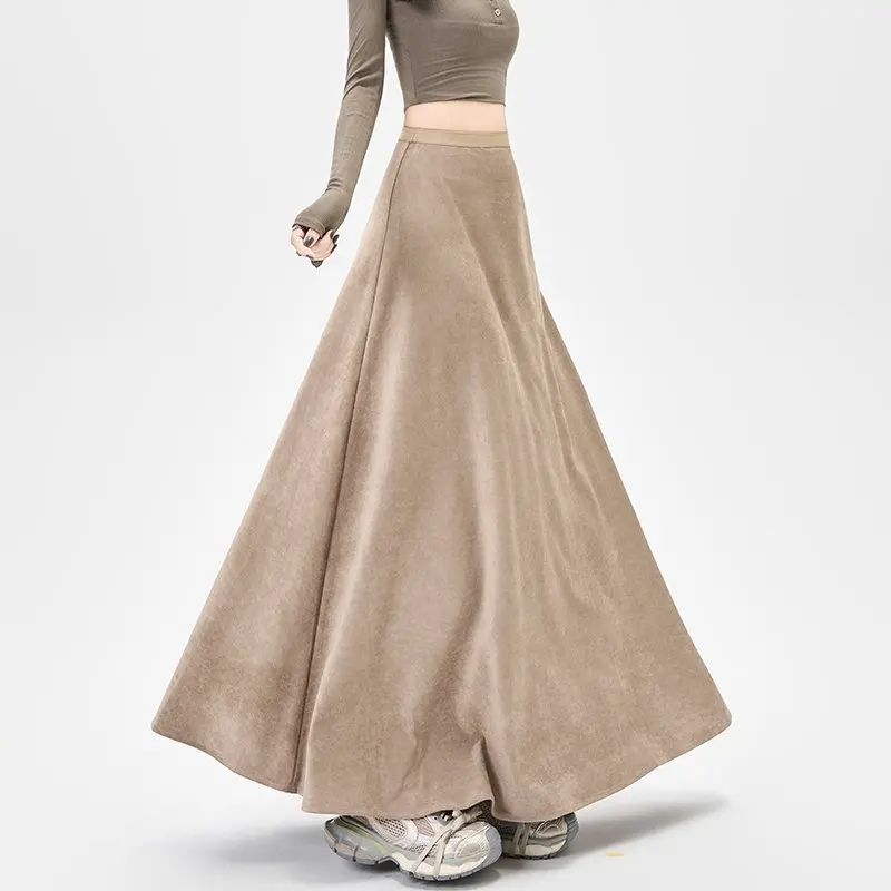 

Qiukichonson Suede Midi Long Skirt Women 2025 Korean Fashion Autumn Winter Casual High Waisted Ruffle Pleated Maxi Skirts rok