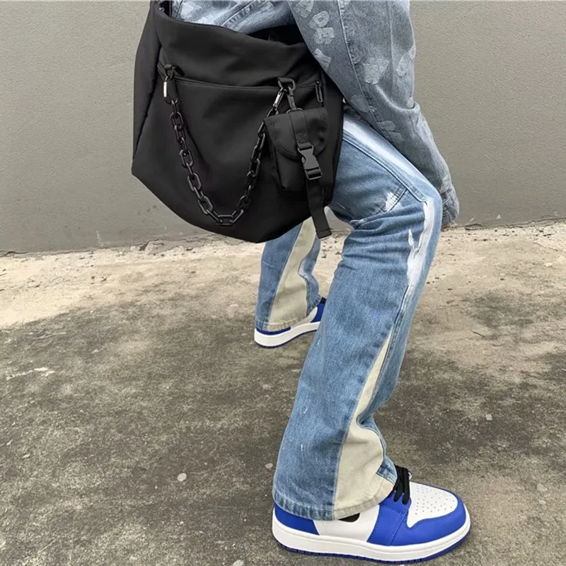 Jean Délavé en Patchwork Bleu pour Homme, Baggy Évasé, Pantalon Droit, Vintage, Denim, FjPantalones Zones bre, Y2K, 2023