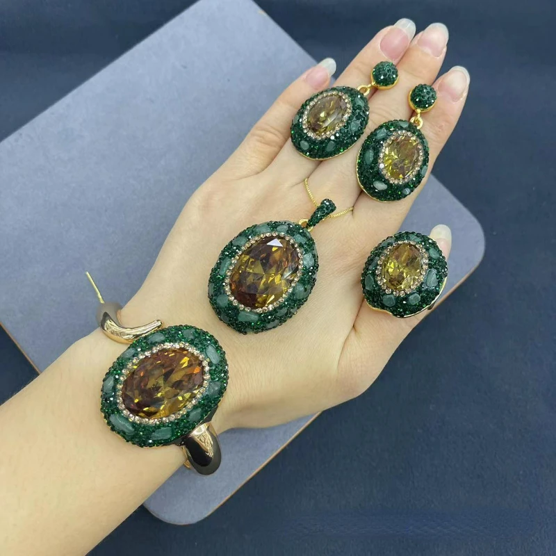 Natural Turkish color-changing stone set with green rhinestone 4-piece jewelry exquisite fashion women\'s party accessories