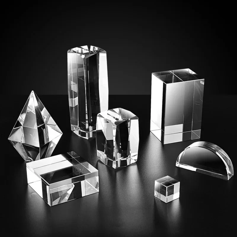 Transparent K9 crystal cube with carved cube body artwork, pyramid crystal glass block base