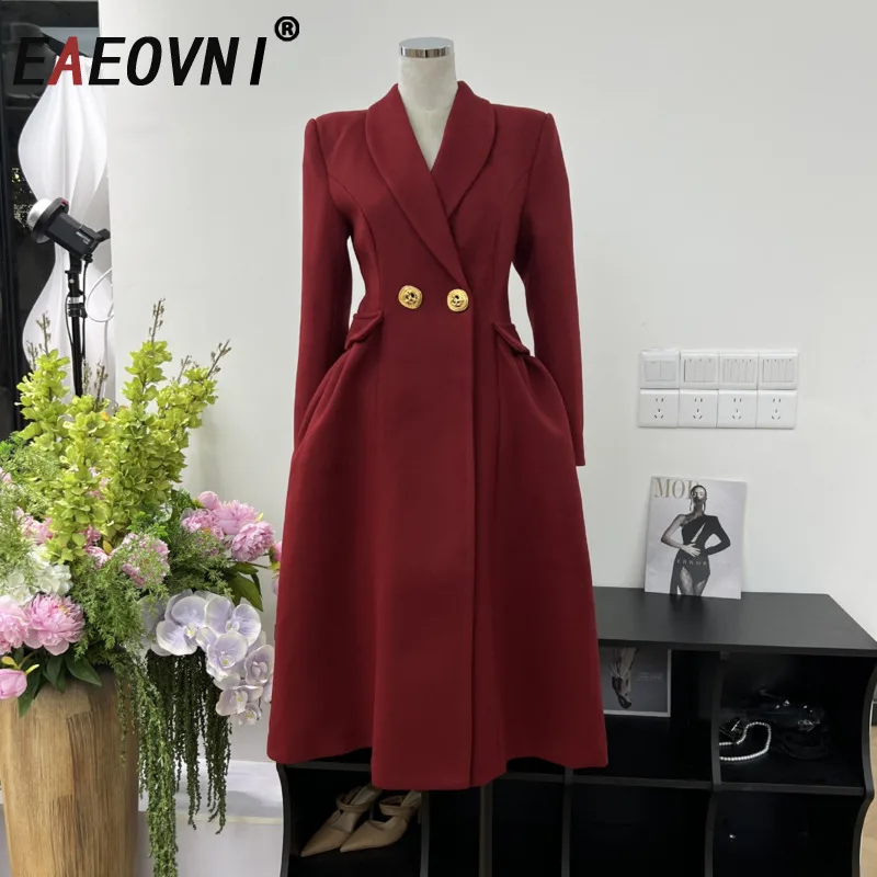 

EAEOVNI офисный женский длинный плащ с v-образным вырезом и пуговицами, платья трапециевидной формы со сборкой на талии, элегантная новая одежда 2025 года, 1A794