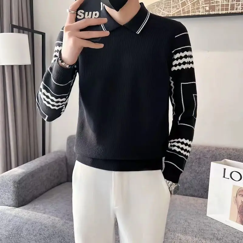 

Knitwear Black Polo Pullovers Male Graphic Men's Knit Sweater Korean Style Long Sleeve Clothing Deals 2024 Loose Fit Casual Top