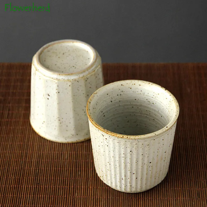 Coarse Pottery Tea Cup Vertical Stripes Teaware Handmade Retro Water Cup Japanese Handheld Office Ceramic Coffee Milk Tea Cups