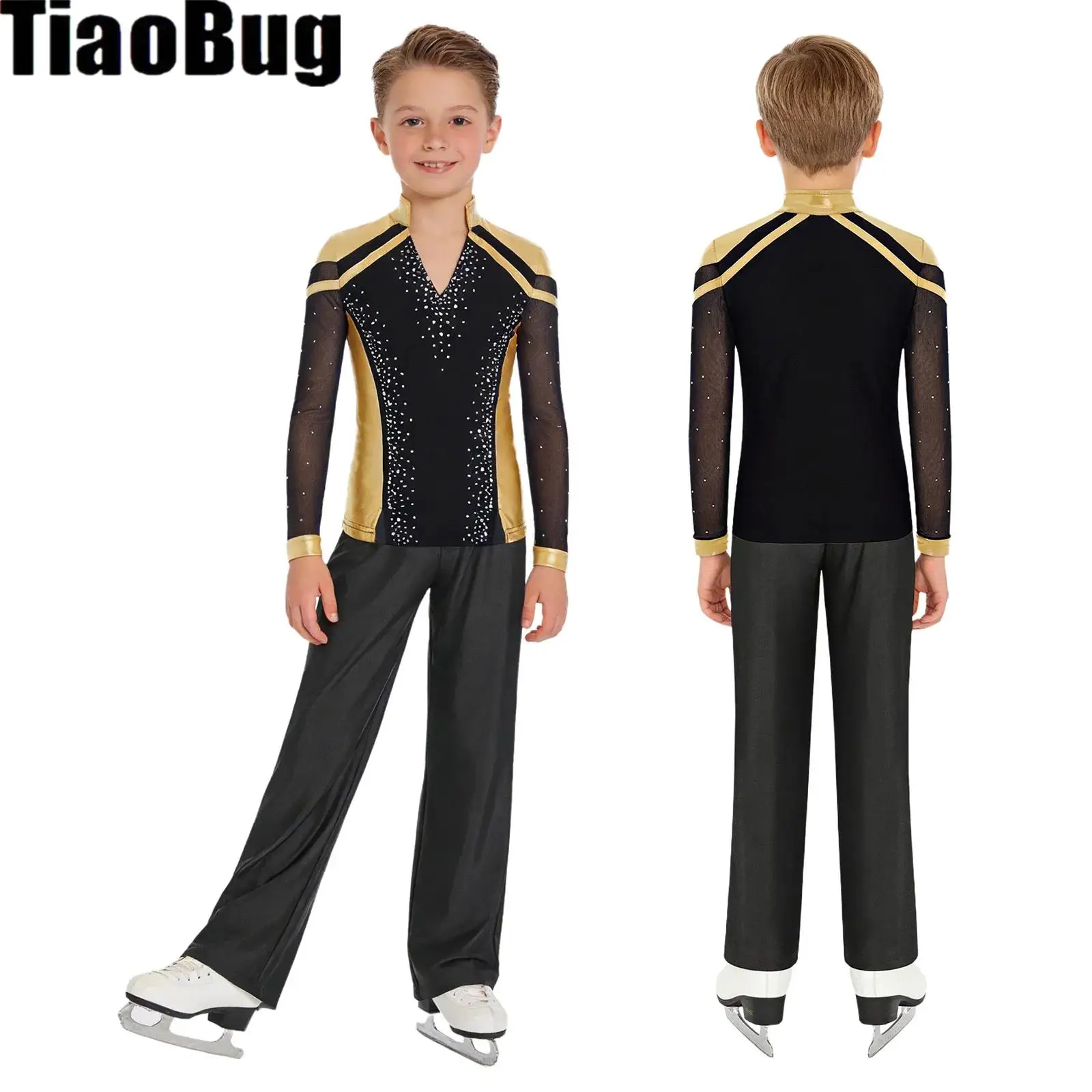 

Kids Boys Figure Skating Ballet Outfits Split Hem Shiny Rhinestones Color Block Top with Elastic Waistband Straight-Leg Pants