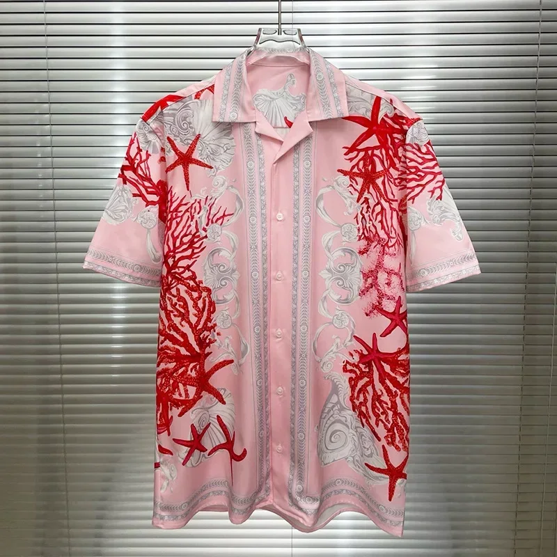 

Luxury Royal Pink Shirts for Men Summer Clothes Casual Short Sleeve Social Paisley Floral Printed Shirt Chemise Homme De Luxe