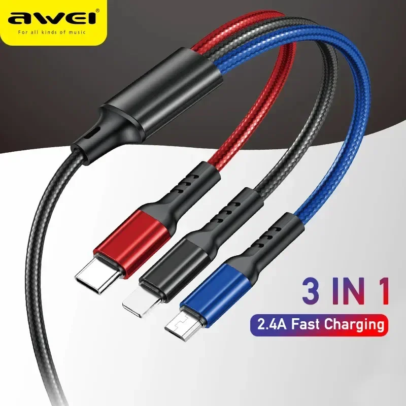 Awei CL-971 cable carga rapida 3 en 1 Cable de carga múltiple 3 en 1 2.4A Cable de carga rápida para iPhone Xiaomi USB Tipo C Cable de teléfono