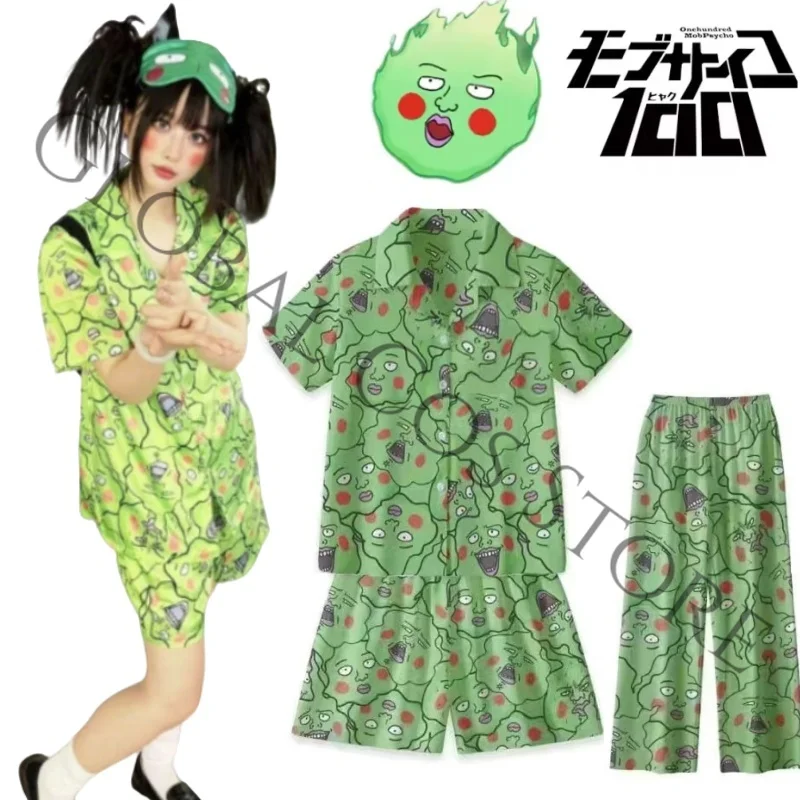 Mob Psycho 100 Ekubo Mobu Saiko Hyaku Cosplay Costume Light Green All-Over Ghost Face Print Nightgown Pajamas Short/long Pant