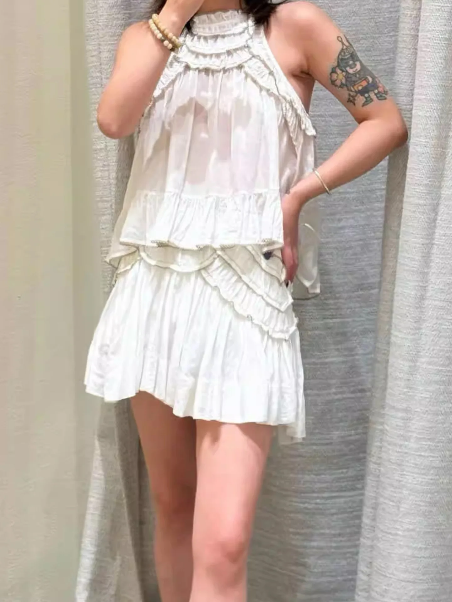 

Withered Lace Lace Off Shoulder Sleeveless Layered Design Top+short Skirt New Two Piece Set Women's