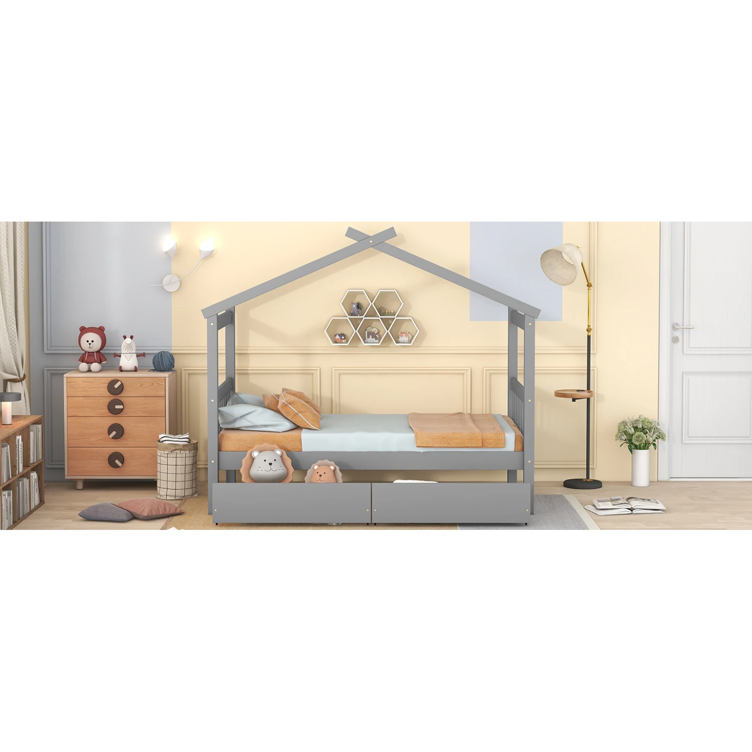 Twin Size Wooden House Bed with Drawers, Gray