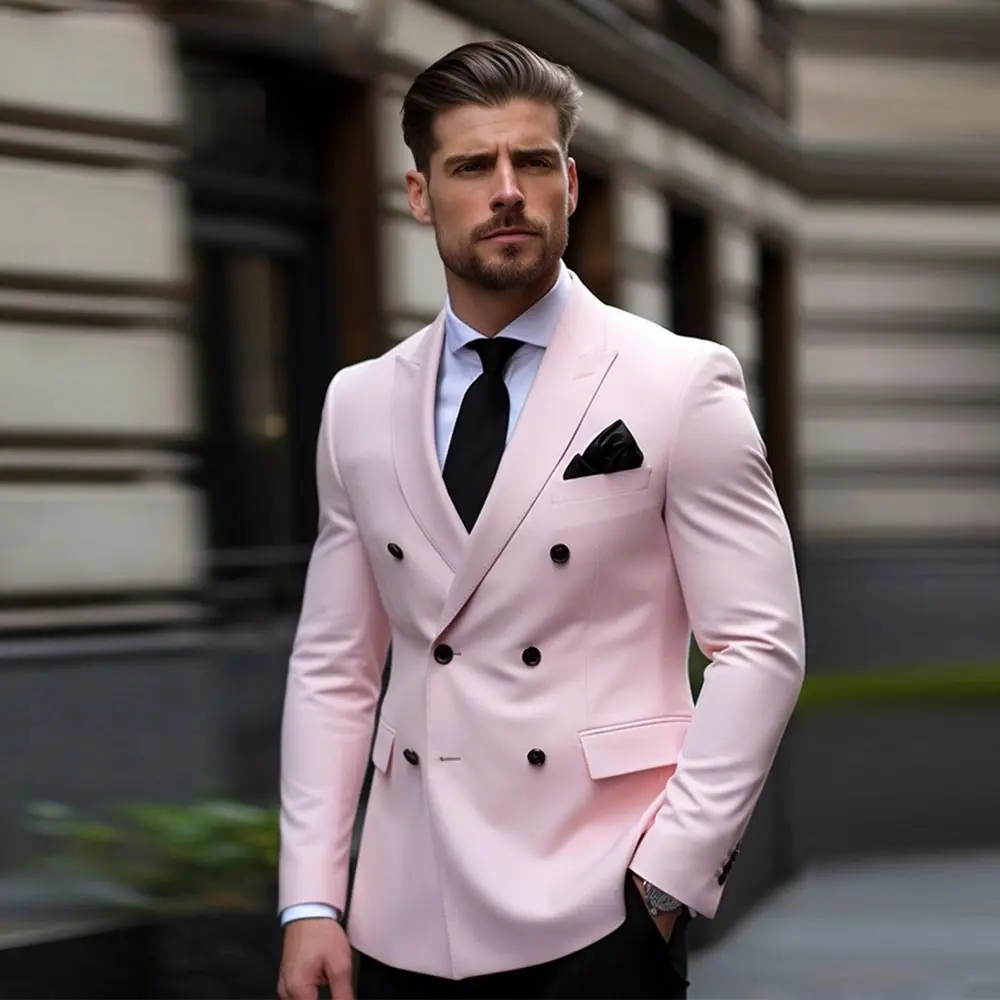 Light Pink Slim Fit Men's Suit Double Breasted Male Blazer Sets Prom Tuxedos Jacket And Pants Peaked Lapel Wedding Groom Wear