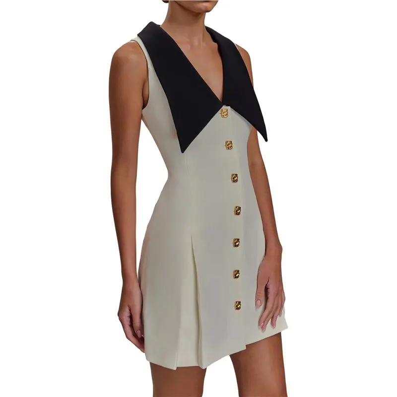 CYL-女性用エレガントミディドレス ノースリーブ 襟付き フィット＆フレア ボタン留め オフィスワーク、イブニング＆カジュアルドレス