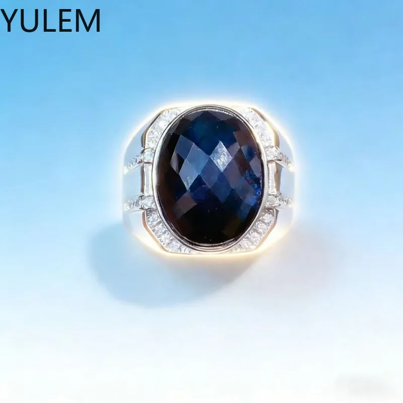 Dark Blue Man Natural Sapphire Ring for Men 13mm*16mm 16ct  925 Silver Ring with 3 Layers 18K Gold Plating