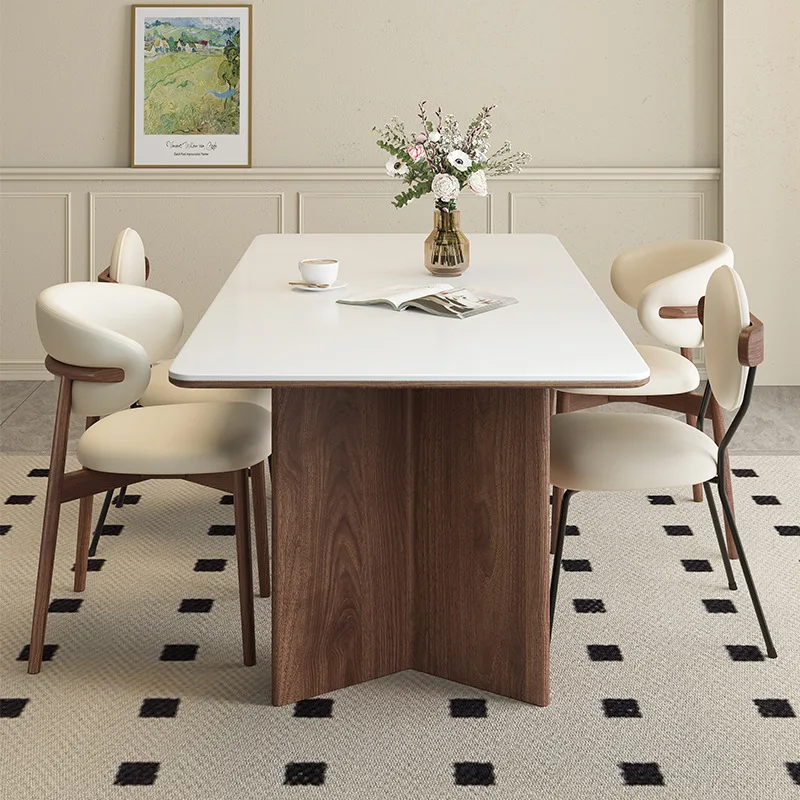 Deli Feng solid wood rock slab dining table modern simple full support rectangular household medium ancient style small apartmen