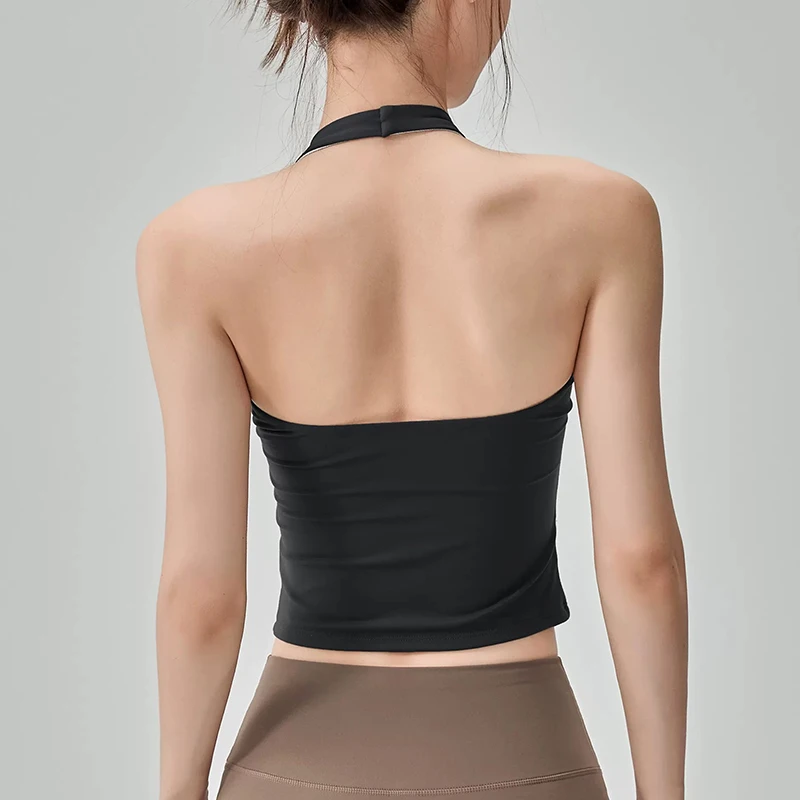 Sexy V-neck Cross Halter Neck Yoga Vest Sleeveless Sports Bra with Chest Pad Naked Sense Fitness Top with Beauty Back Design for