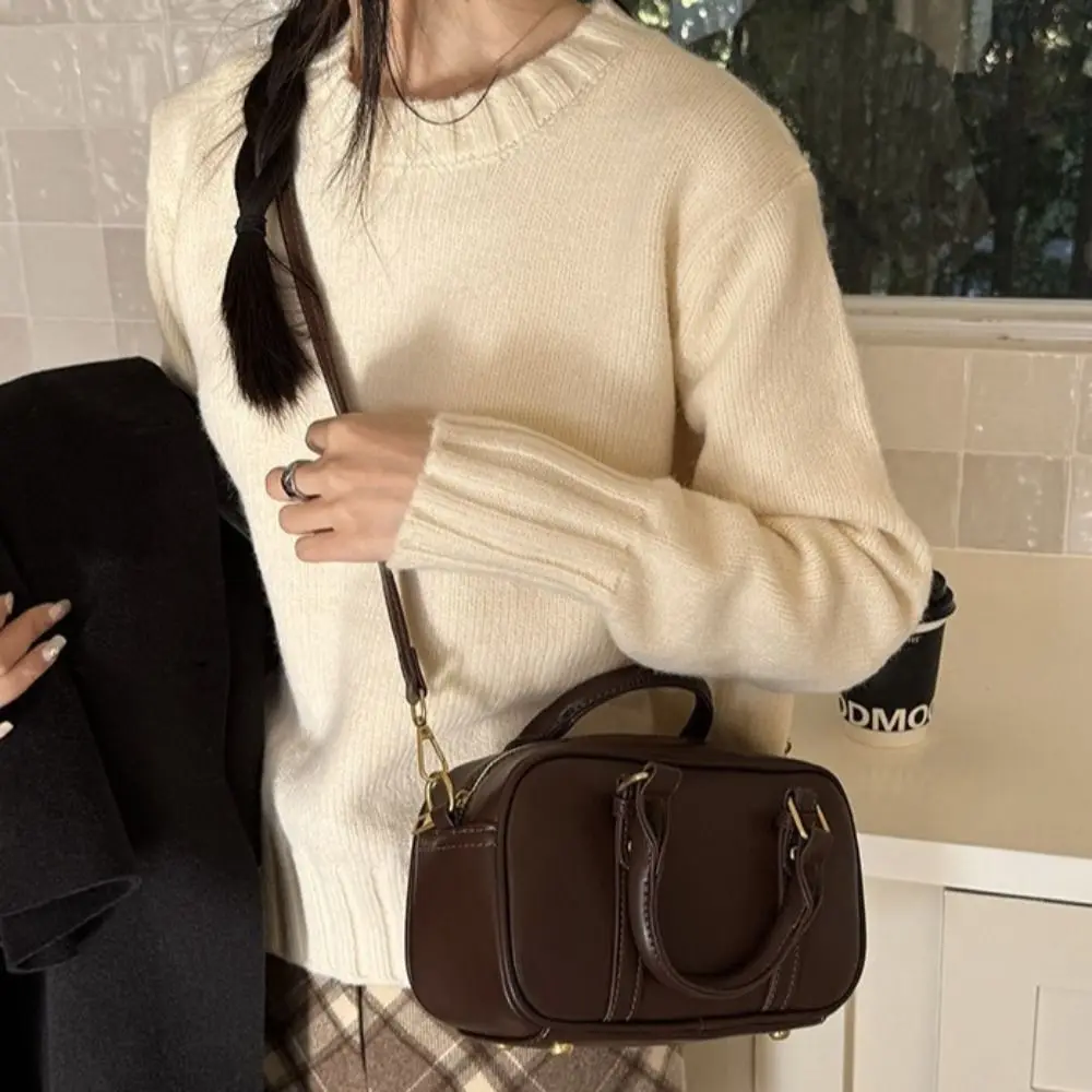 

New Double Handle Shoulder Bag Large Volume Pu Leather Female Handbags Solid Color Retro Style Sling Bag Daily Use