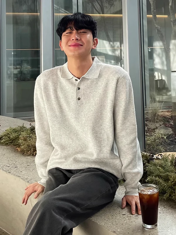 

Loose Long Sve Knitted Sweater for Men Casual Classic Sle Pure Color Hong Kong Faion Flip Collar Warm Top