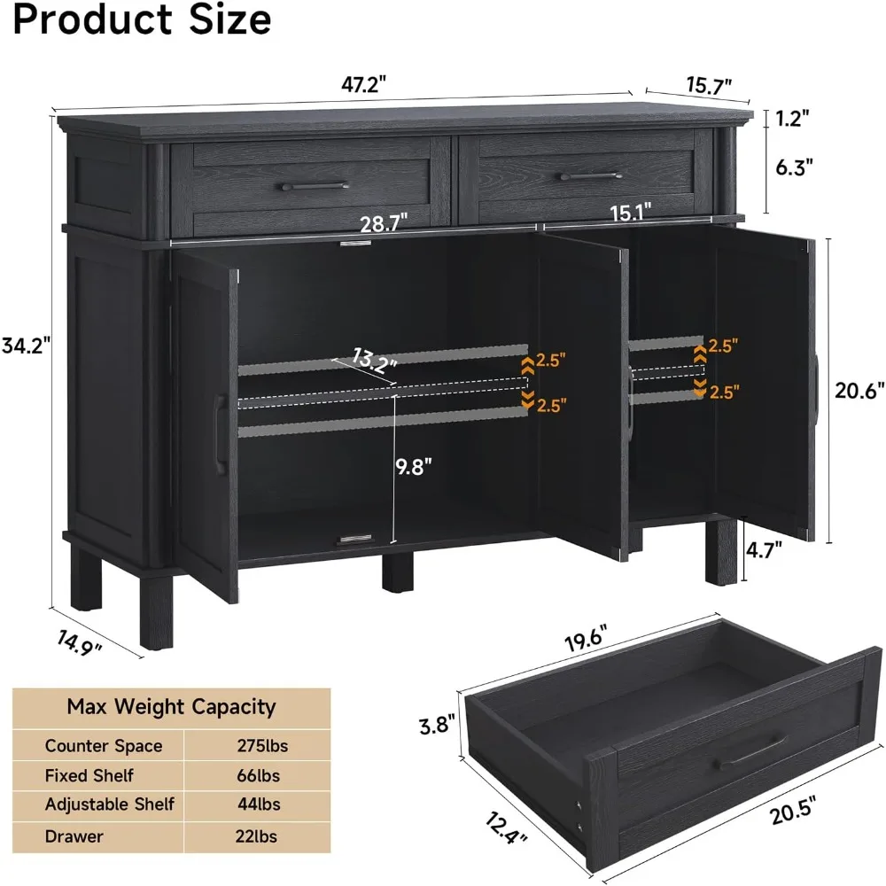 48 Inches Buffet Cabinet with Storage, Farmhouse Sideboard Buffet w/2 Drawers and 3 Doors, Wood Coffee Bar Cabinet with Adjustab